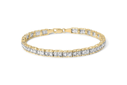 Yellow bracelet with round white gemstones in prong settings, shown from a top angle on a white background.