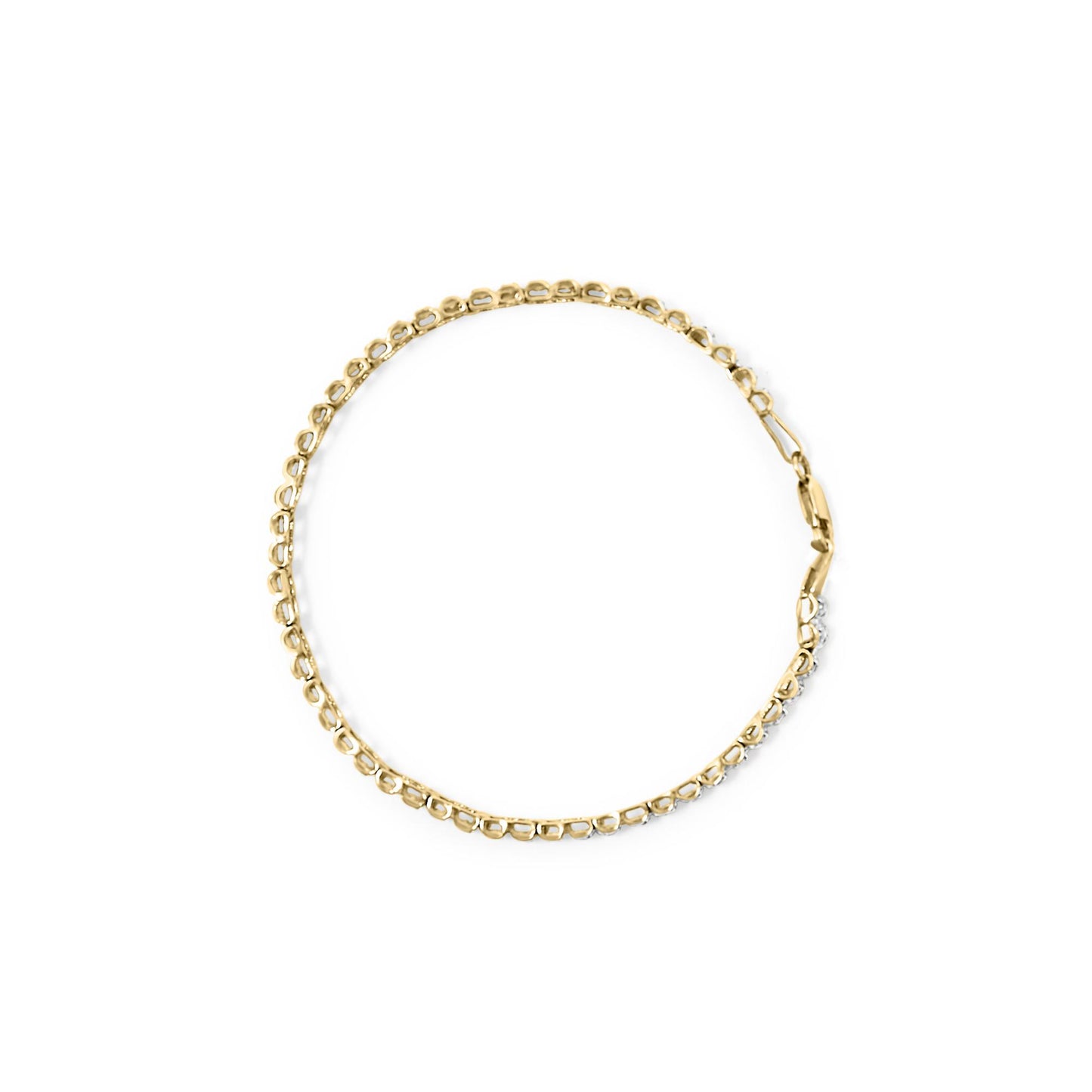 Top-down view of a yellow bracelet with round white gemstones in prong settings along part of its length on a white background.