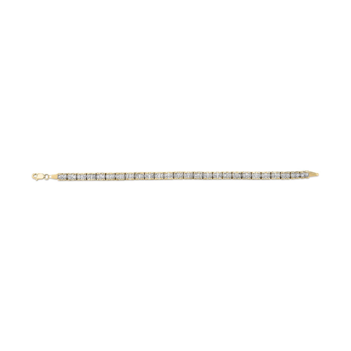 Straight-on shot of a yellow bracelet featuring a single row of prong-set round white gemstones.