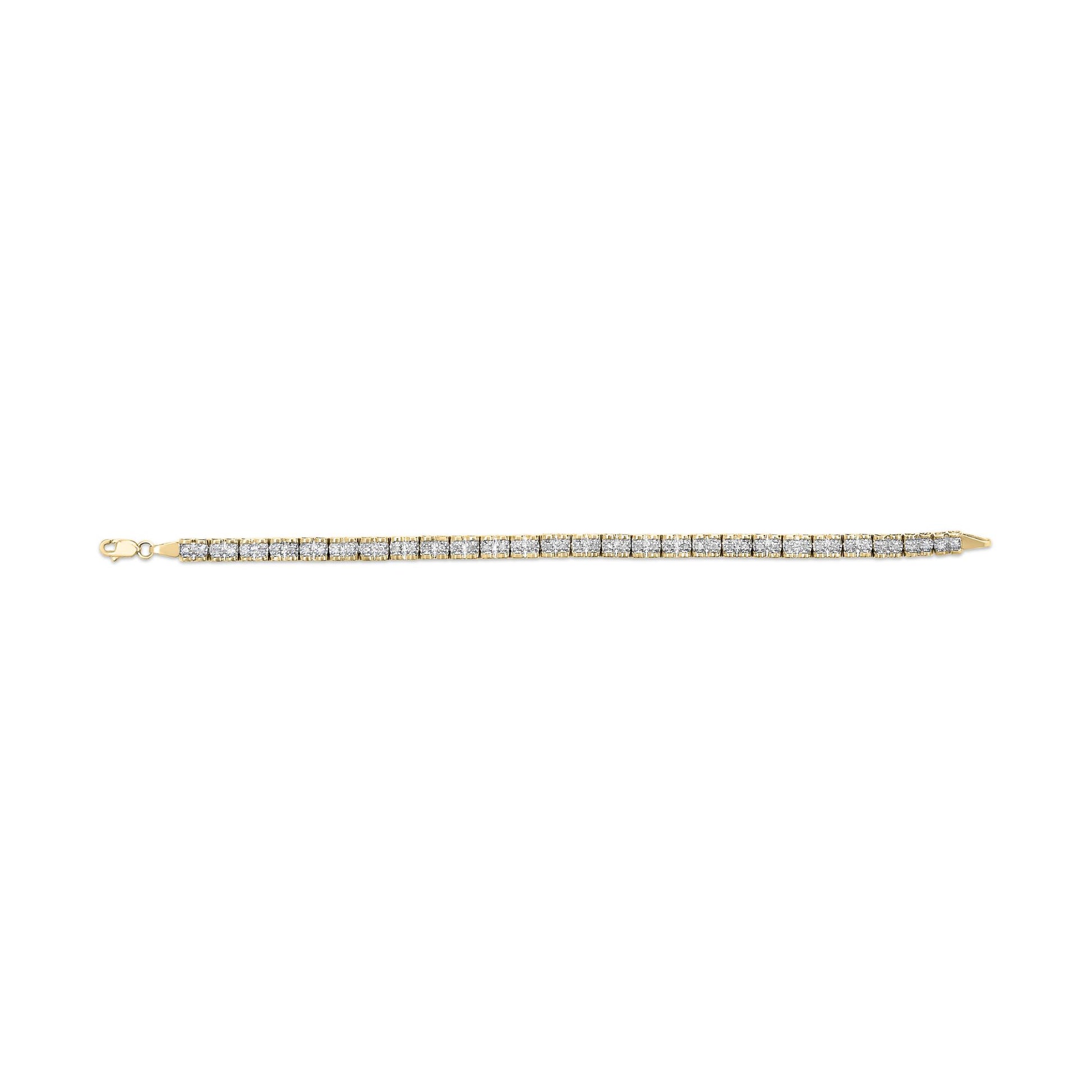 Straight-on shot of a yellow bracelet featuring a single row of prong-set round white gemstones.