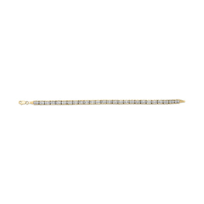 Straight-on shot of a yellow bracelet featuring a single row of prong-set round white gemstones.