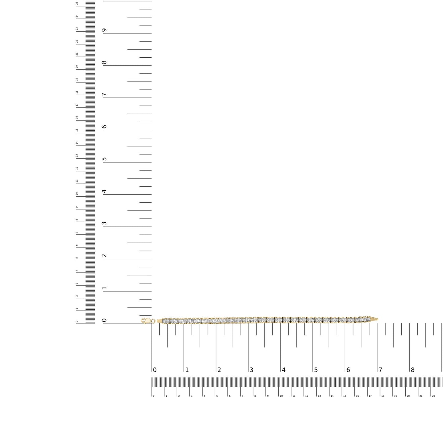 Yellow metal bracelet with round white gemstones in prong setting, displayed flat on rulers for size reference, top-down view.