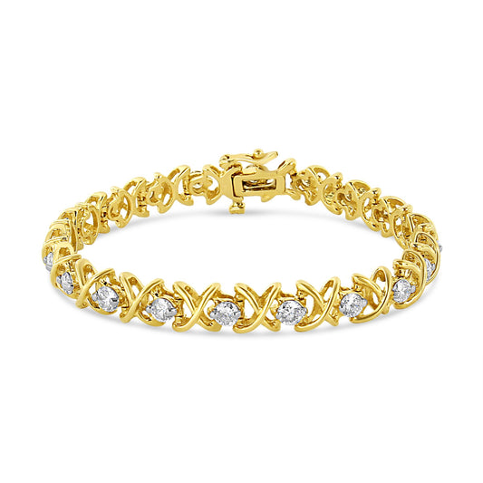 Yellow bracelet with round white gemstones in prong settings, shown from a front angle.