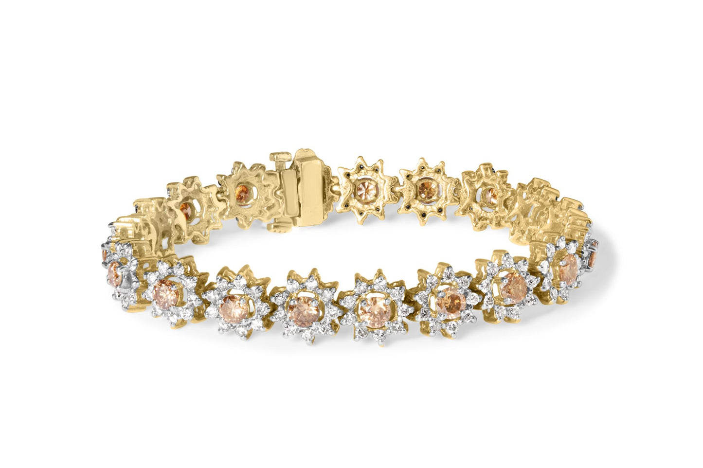 Yellow metal bracelet with alternating round champagne-colored and white gemstones in prong settings, shown from a slightly elevated front angle.