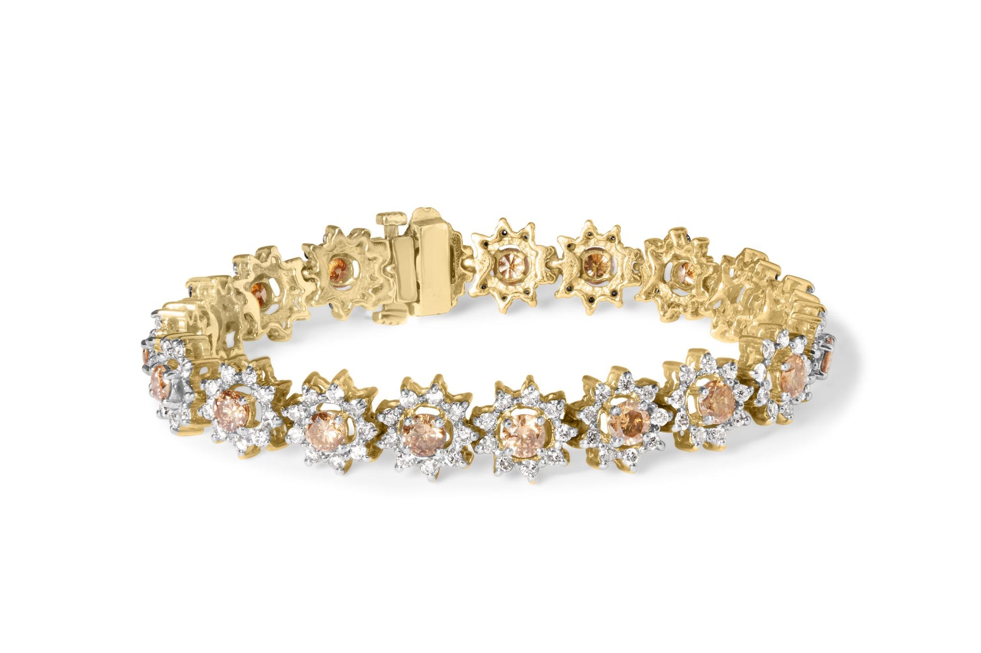 Yellow metal bracelet with alternating round champagne-colored and white gemstones in prong settings, shown from a slightly elevated front angle.