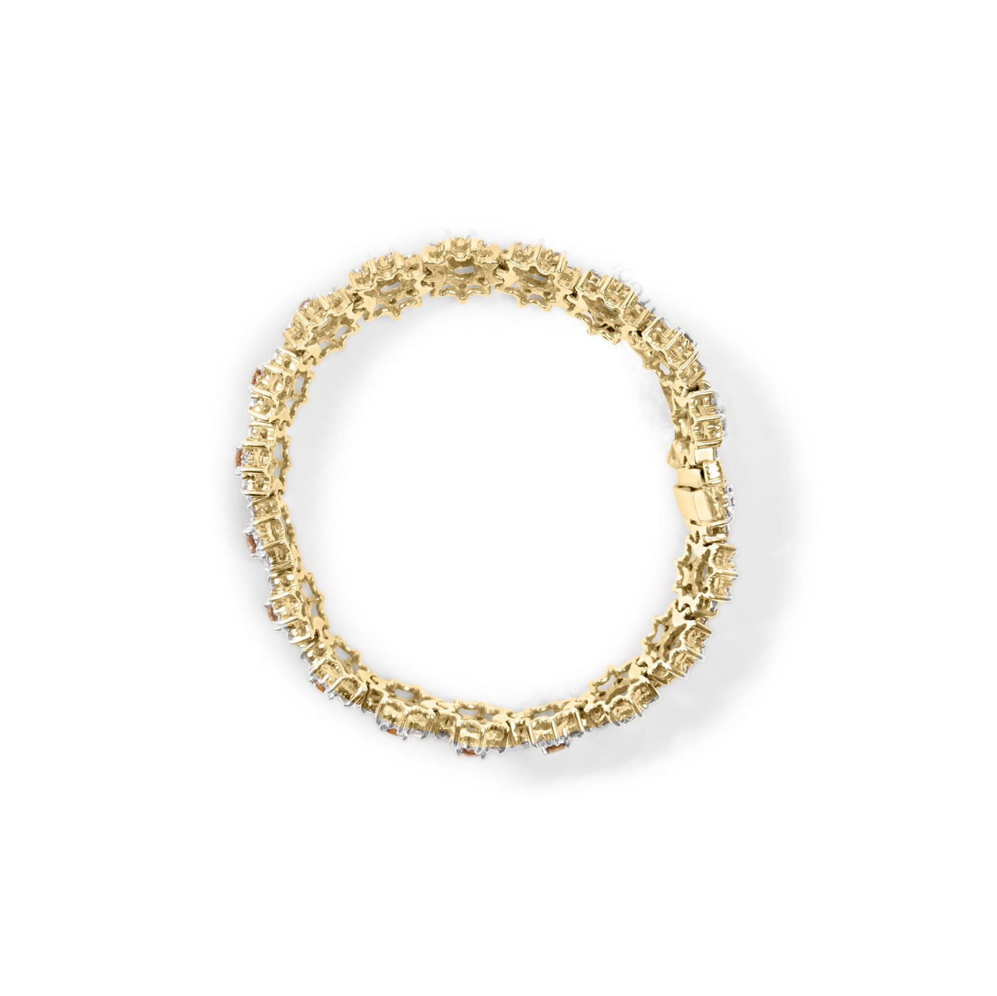 Top-down view of a yellow bracelet with round prong-set champagne and white gemstones.