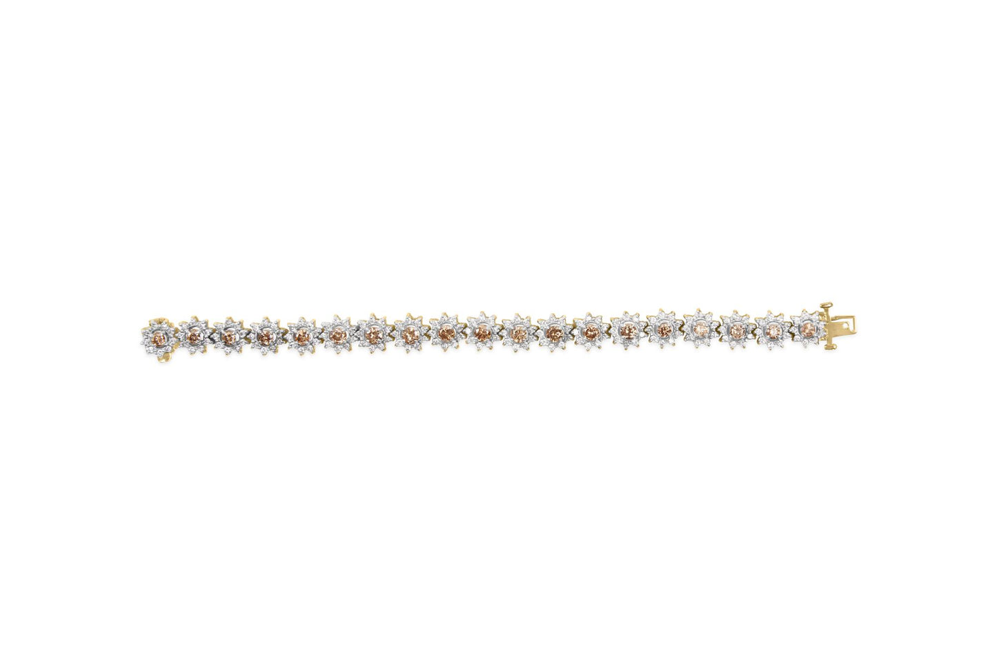 Top-down view of a yellow metal bracelet with alternating round champagne and white gemstones in prong settings.