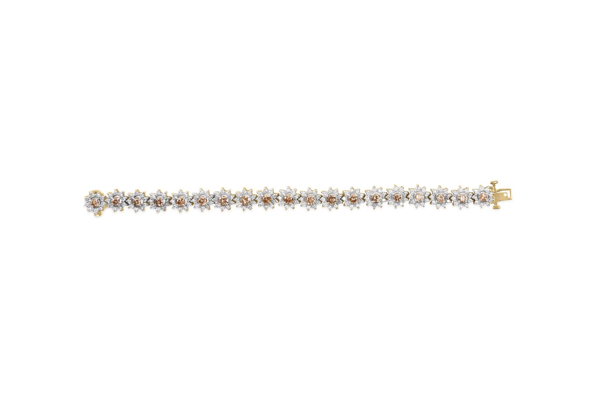 Top-down view of a yellow metal bracelet with alternating round champagne and white gemstones in prong settings.