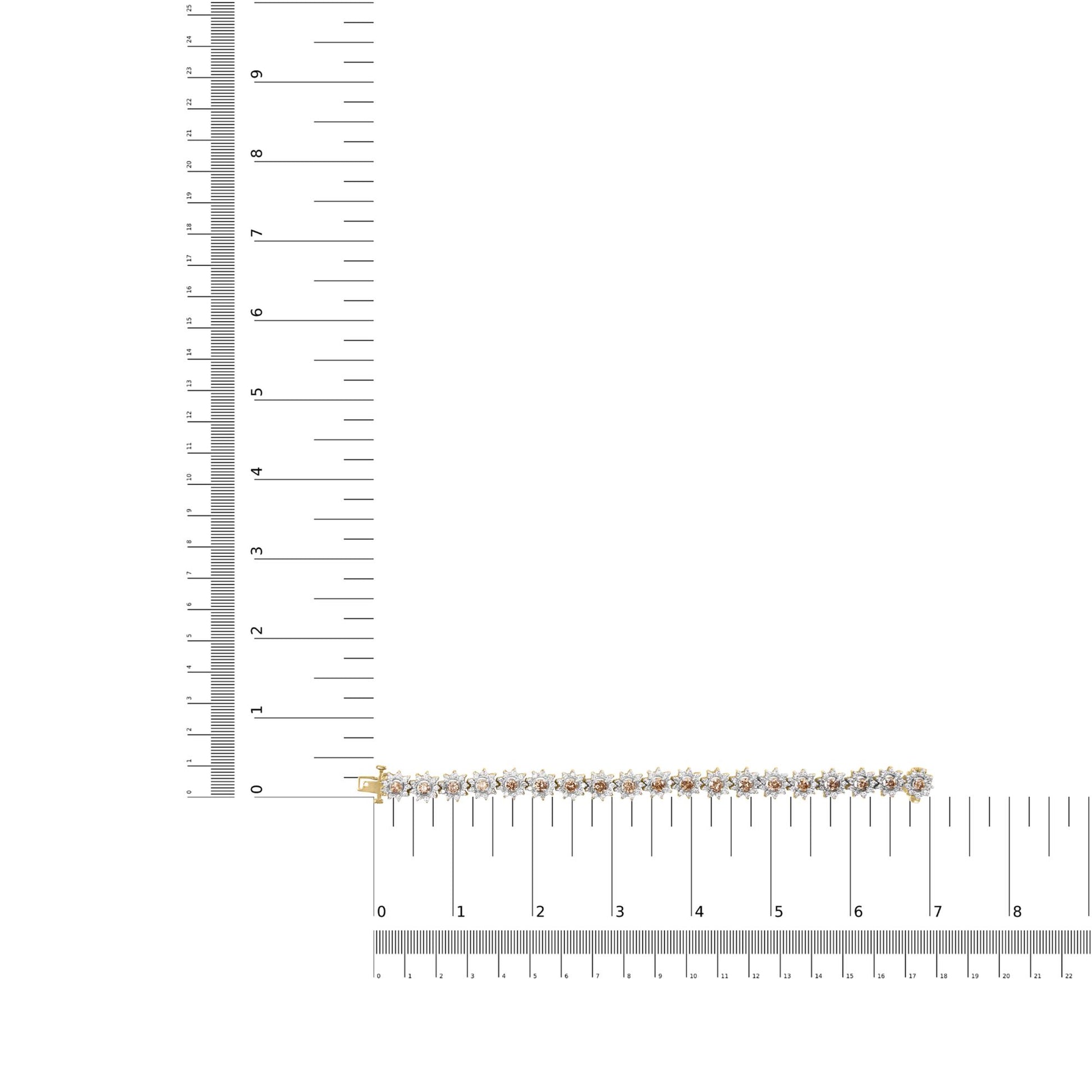 Yellow bracelet with alternating round white and champagne gemstones in prong settings, laid flat on a ruler for size reference, shot from above.