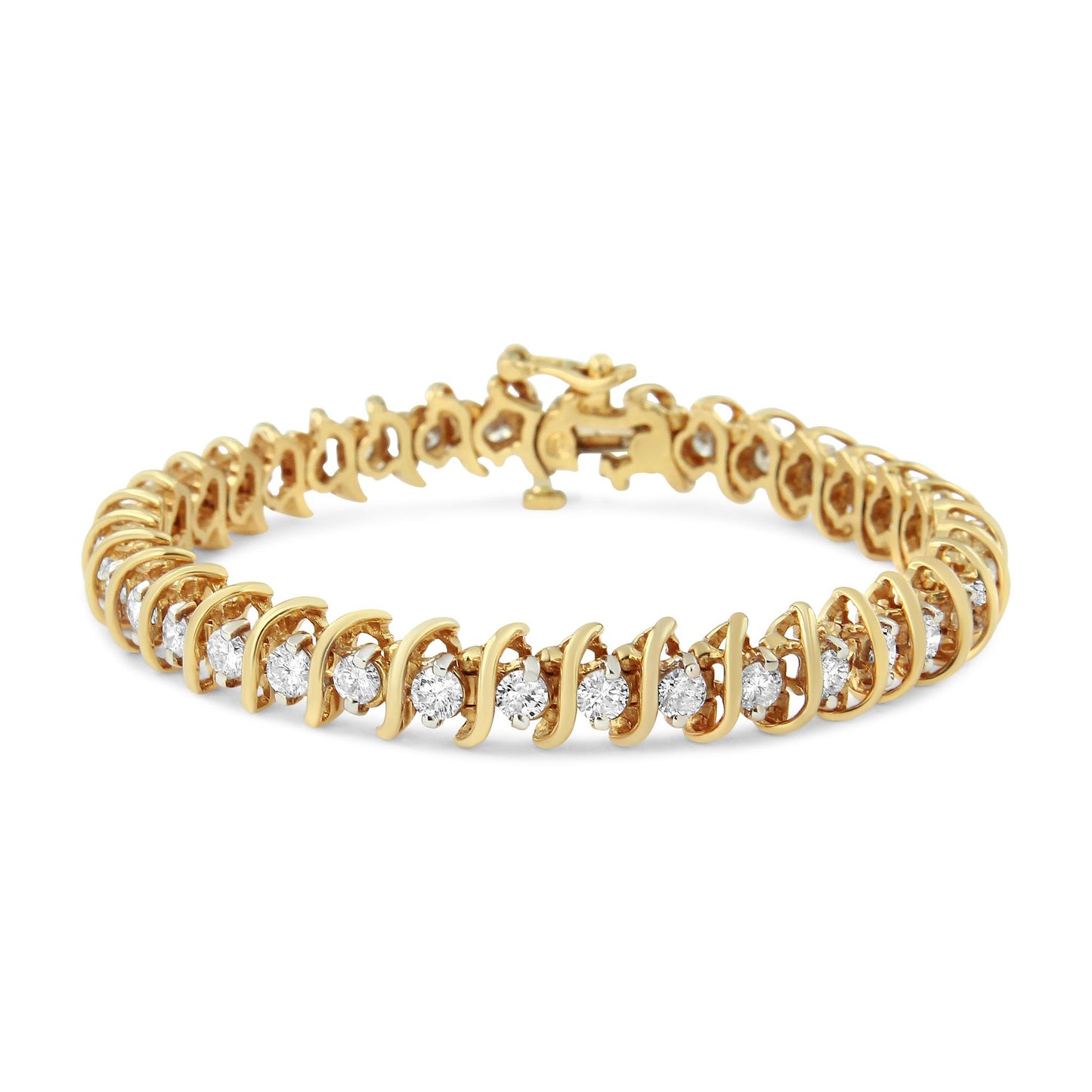 Yellow metal bracelet with round white gemstones in 2-prong settings, shown from a front angle on a white background.