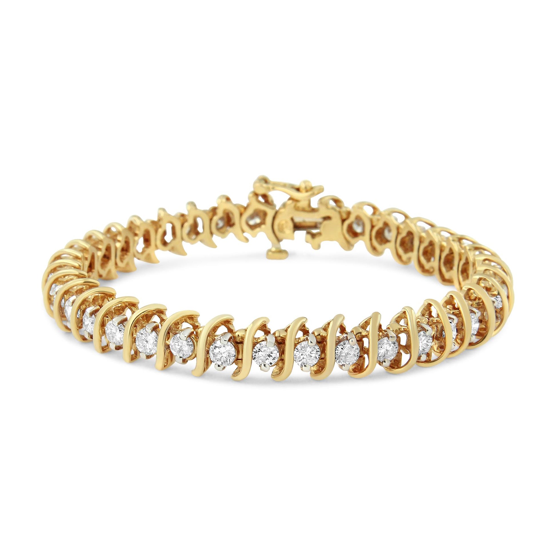 Yellow metal bracelet with round white gemstones in 2-prong settings, shown from a front angle on a white background.