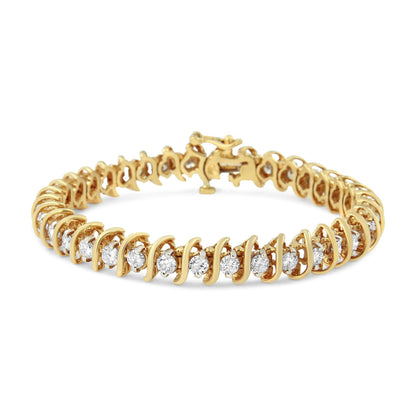 Yellow metal bracelet with round white gemstones in 2-prong settings, shown from a front angle on a white background.