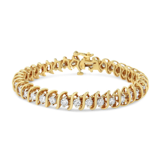 Yellow metal bracelet with round white gemstones in 2-prong settings, shown from a front angle on a white background.