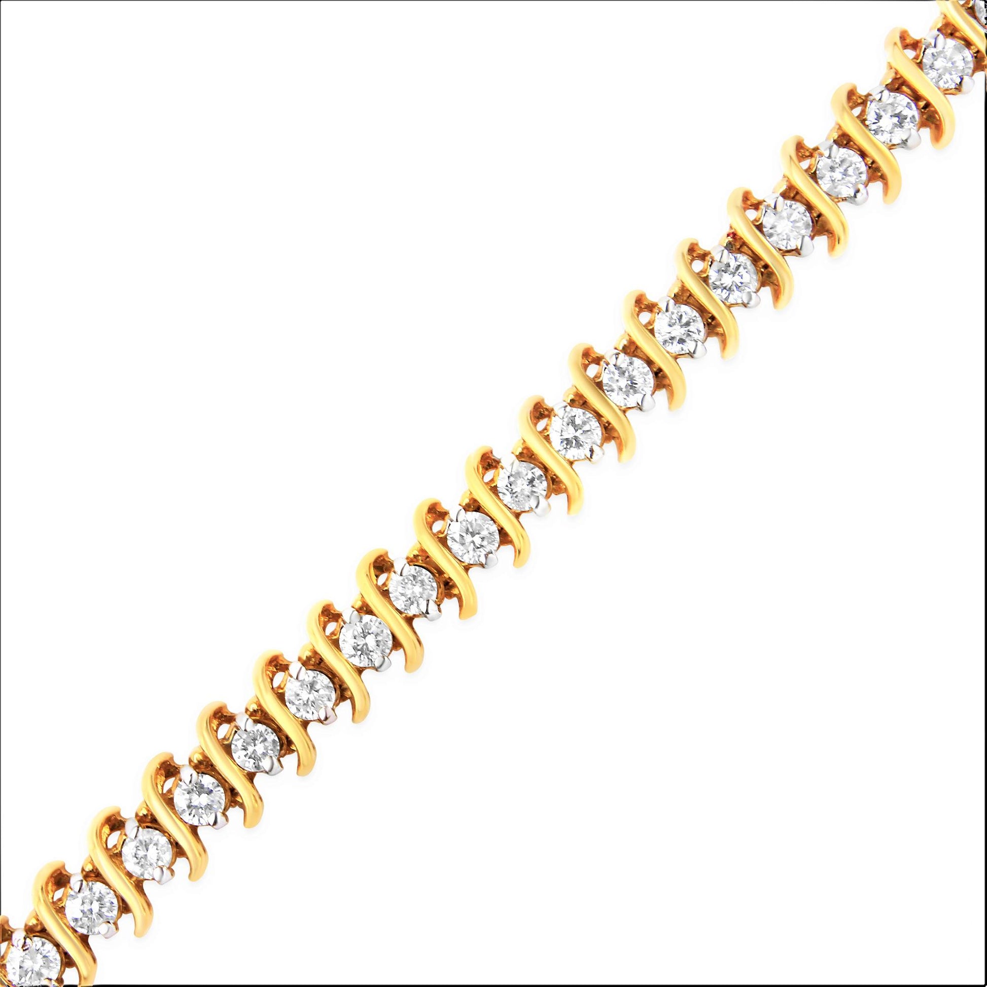 Close-up angled view of a yellow bracelet featuring round white gemstones in a 2-prong setting.