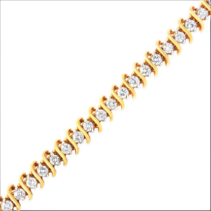 Close-up angled view of a yellow bracelet featuring round white gemstones in a 2-prong setting.