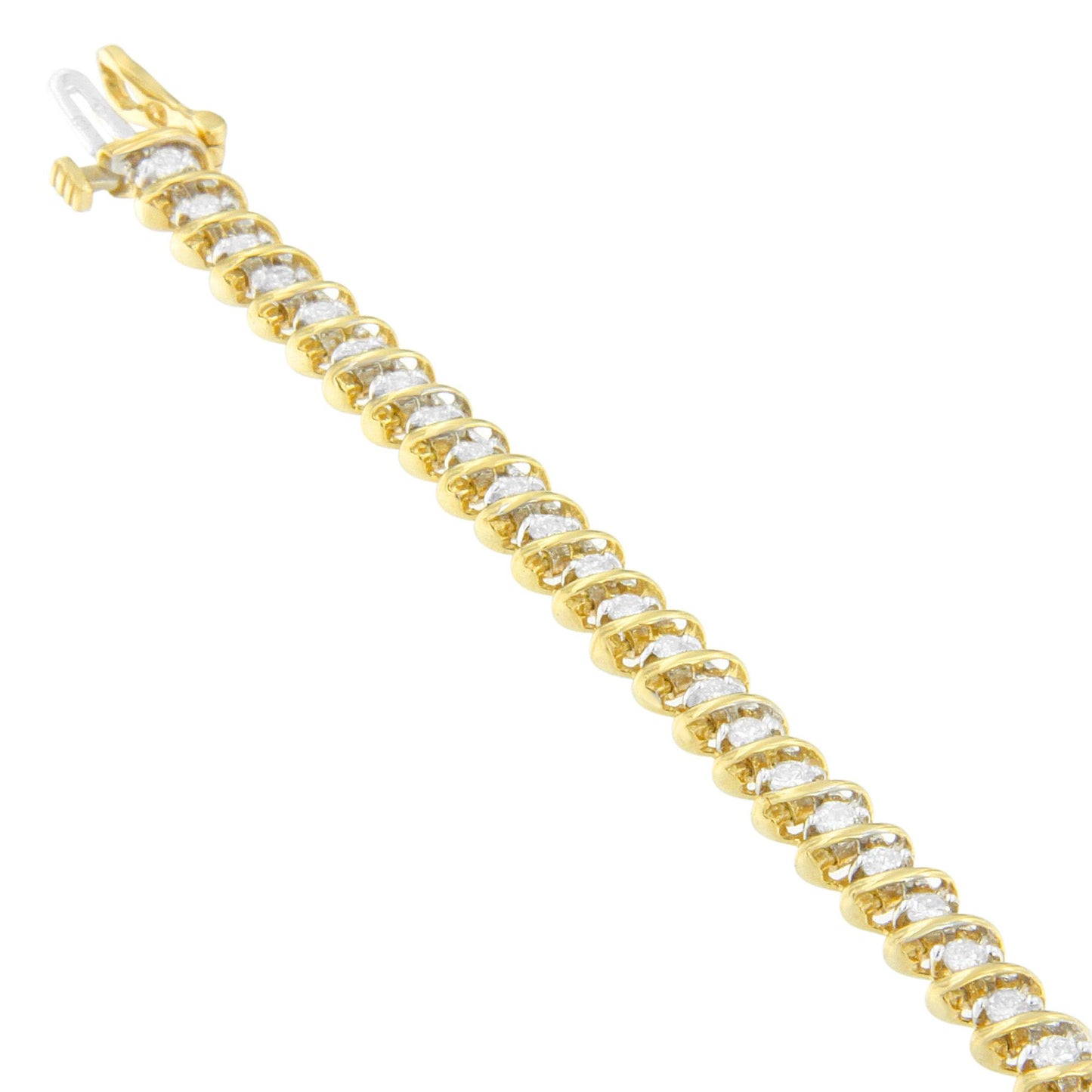 Yellow metal bracelet with prong-set round white gemstones, shown in a diagonal close-up angle.