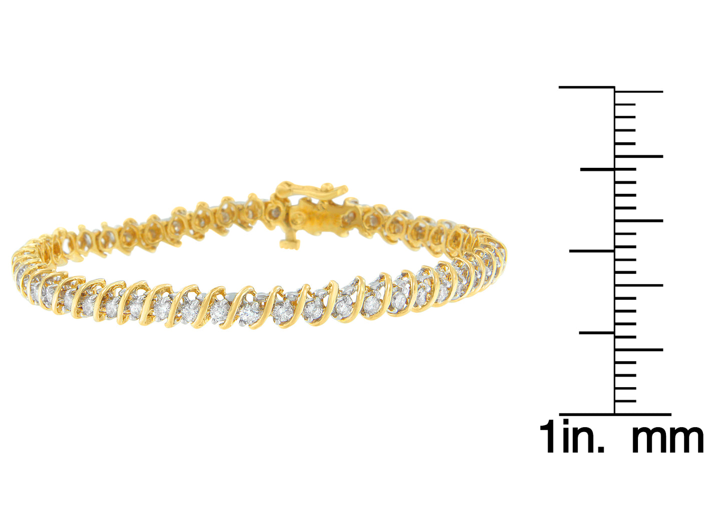 Yellow metal bracelet with round white gemstones in prong settings, shown at a slight angle on a ruler for size reference.