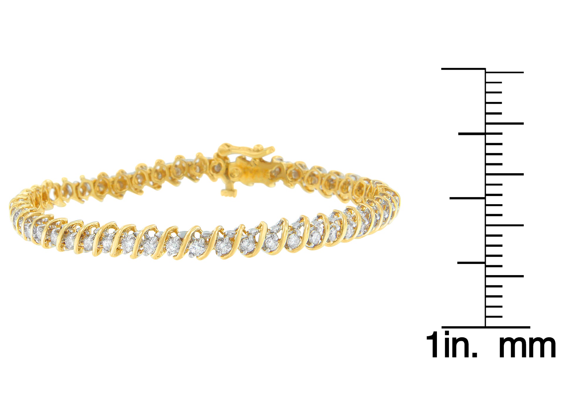 Yellow metal bracelet with round white gemstones in prong settings, shown at a slight angle on a ruler for size reference.