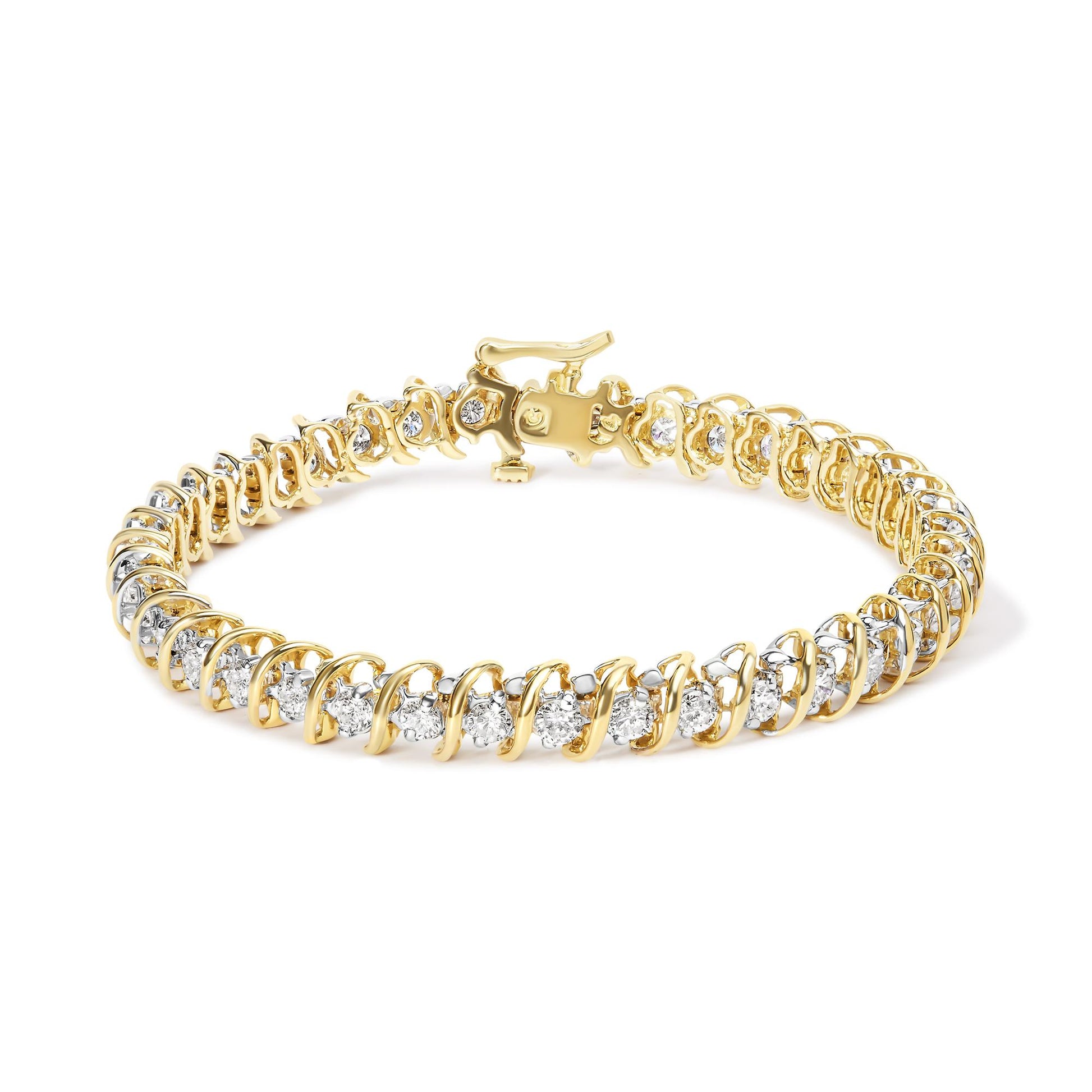 Yellow metal bracelet with round white gemstones in 2-prong settings, shown from a slightly elevated front angle.
