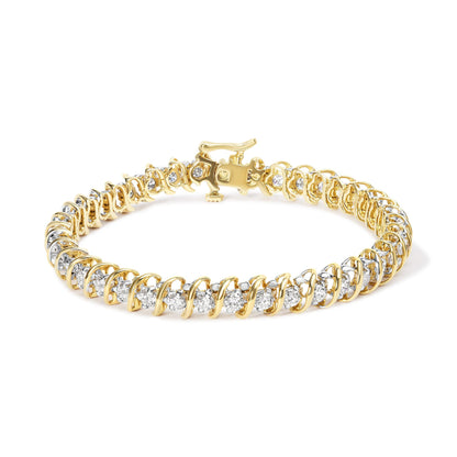 Yellow metal bracelet with round white gemstones in 2-prong settings, shown from a slightly elevated front angle.