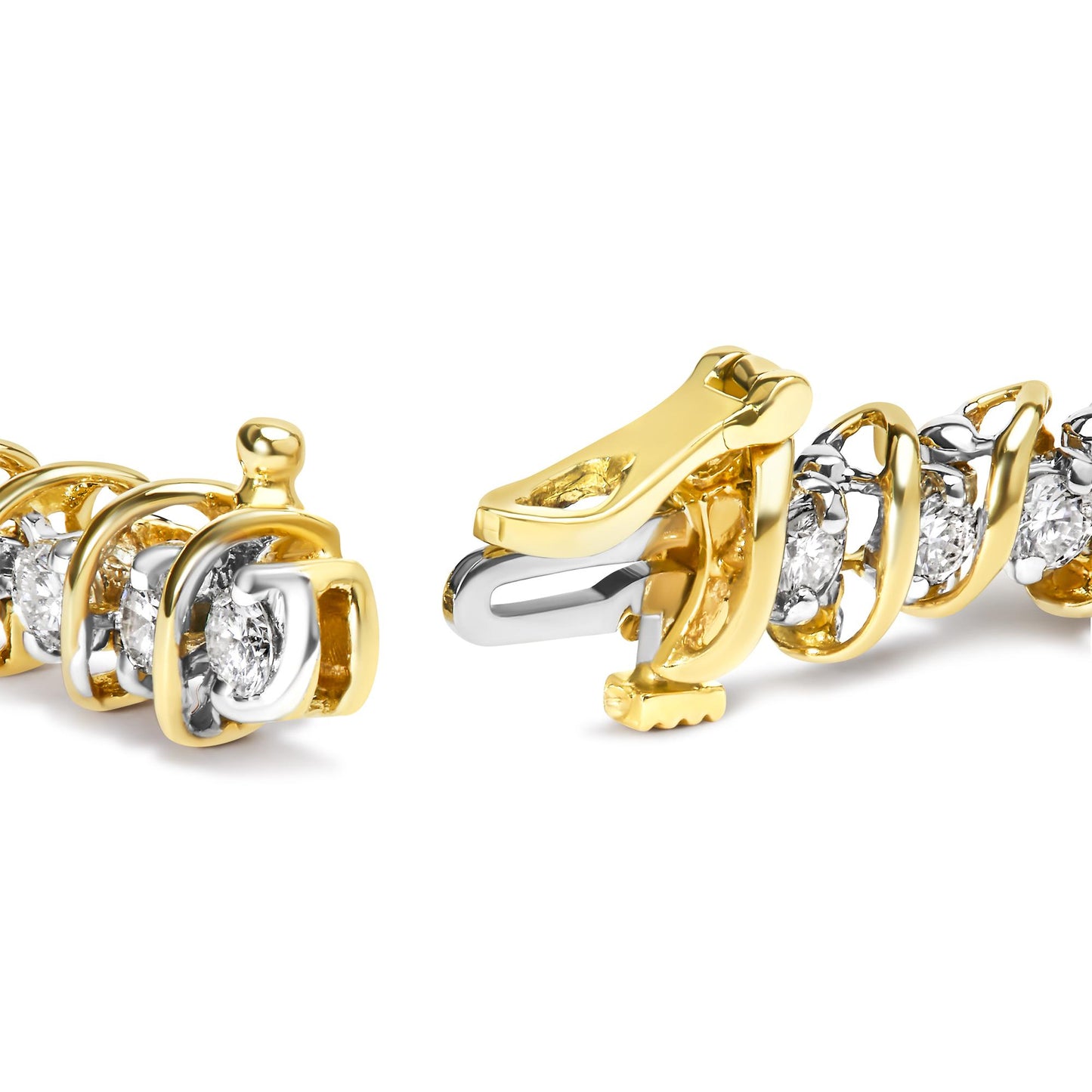 Close-up front angle of a yellow metal bracelet with round white gemstones in 2-prong settings and a clasp mechanism.