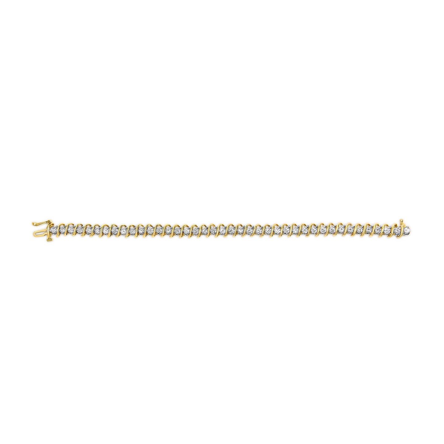 Yellow metal bracelet with round white gemstones in 2-prong settings, shown from a top-down angle.