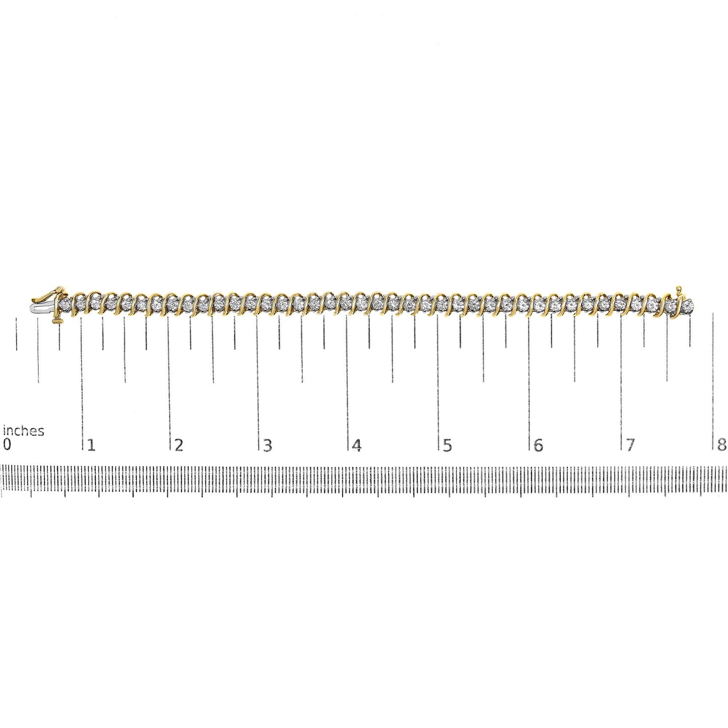 Yellow metal bracelet with round white gemstones in two-prong settings, laid flat on a ruler for size reference, top-down angle.