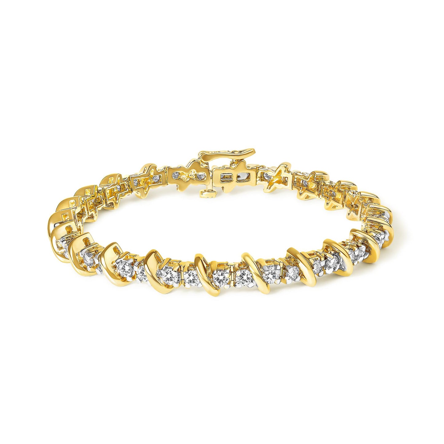 Close-up angle of a yellow metal bracelet with round white gemstones in prong settings, shown laid flat against a white background.