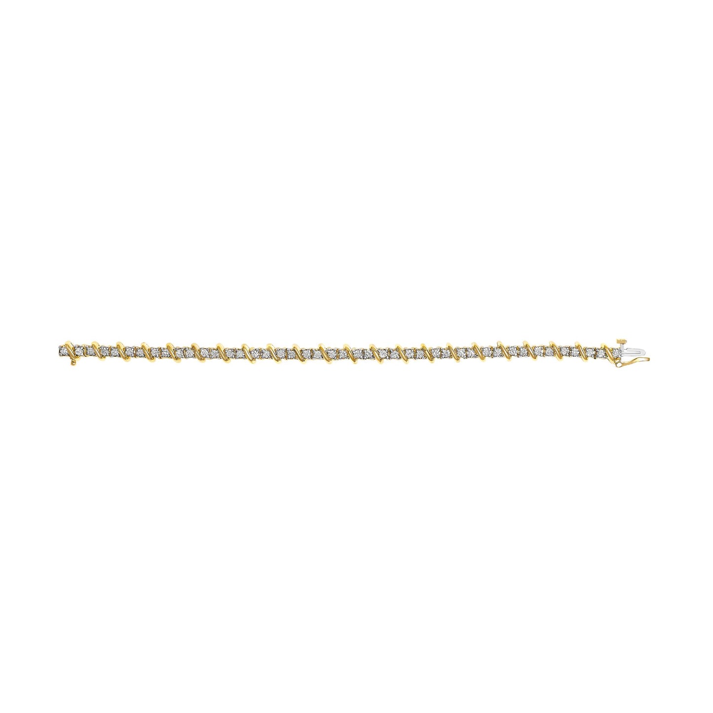 Yellow bracelet with round white gemstones in prong settings, shown horizontally from a top-down angle on a white background.