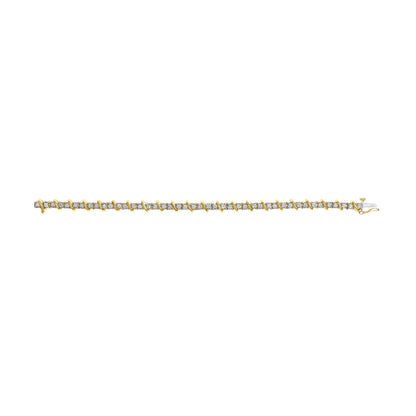 Yellow bracelet with round white gemstones in prong settings, shown horizontally from a top-down angle on a white background.