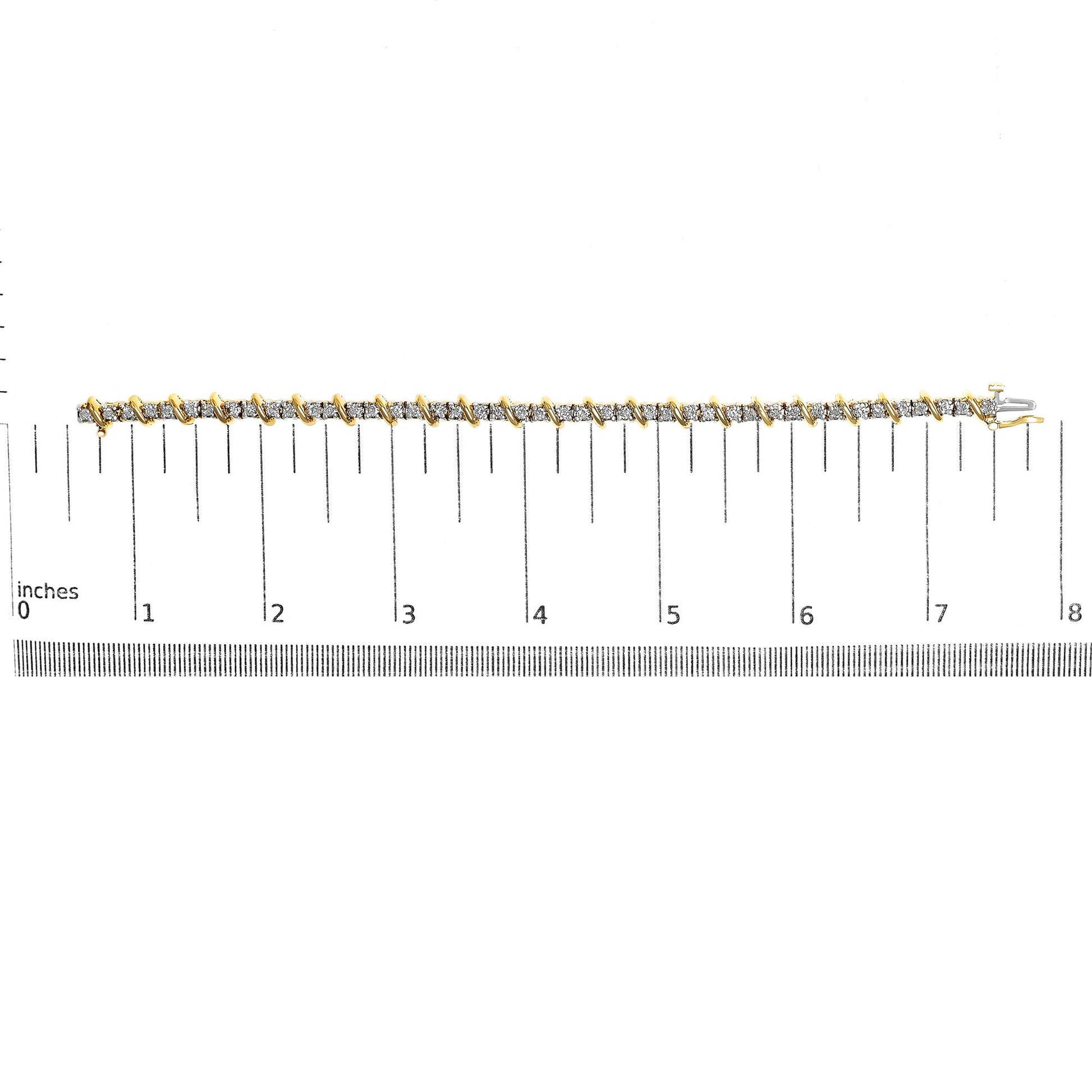 Bracelet with round white gemstones in prong settings arranged in a line, alternating with yellow metal links, shown on a ruler scale from a top-down angle.