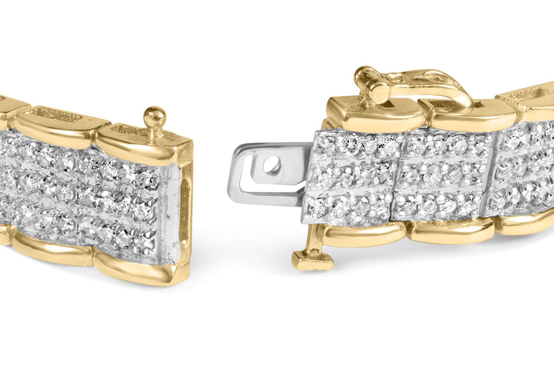 Close-up angled view of a yellow metal bracelet with sections encrusted with round white gemstones in prong settings, showing the clasp mechanism.