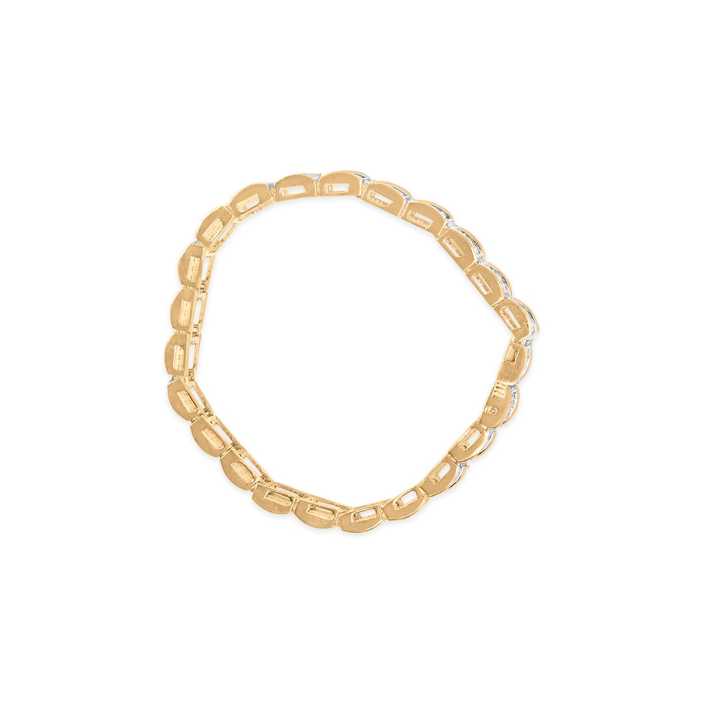 Top-down view of a yellow metal bracelet with evenly spaced white round gemstones in prong settings along the edge.