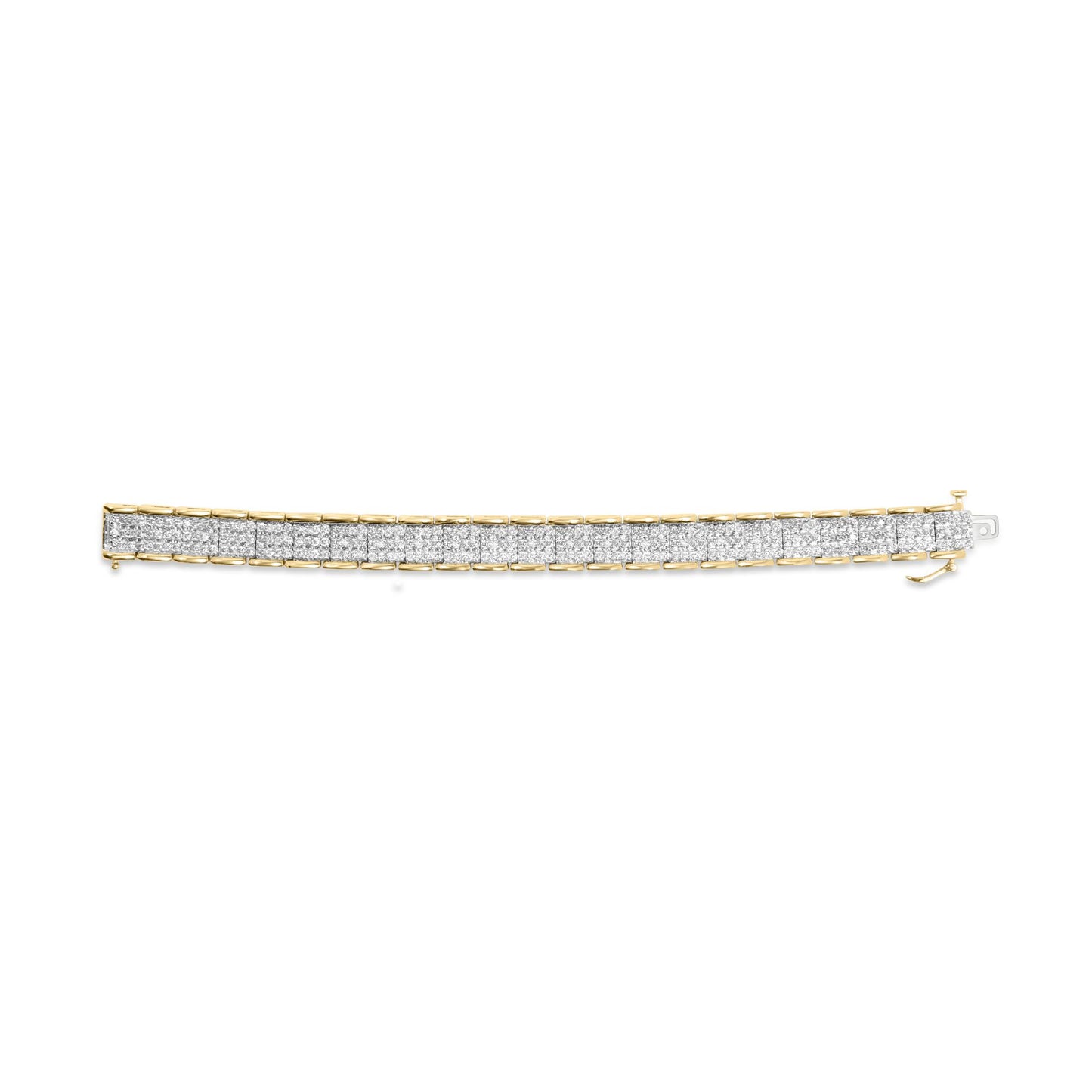 Top-down view of a yellow metal bracelet with multiple rows of round white gemstones in prong settings.