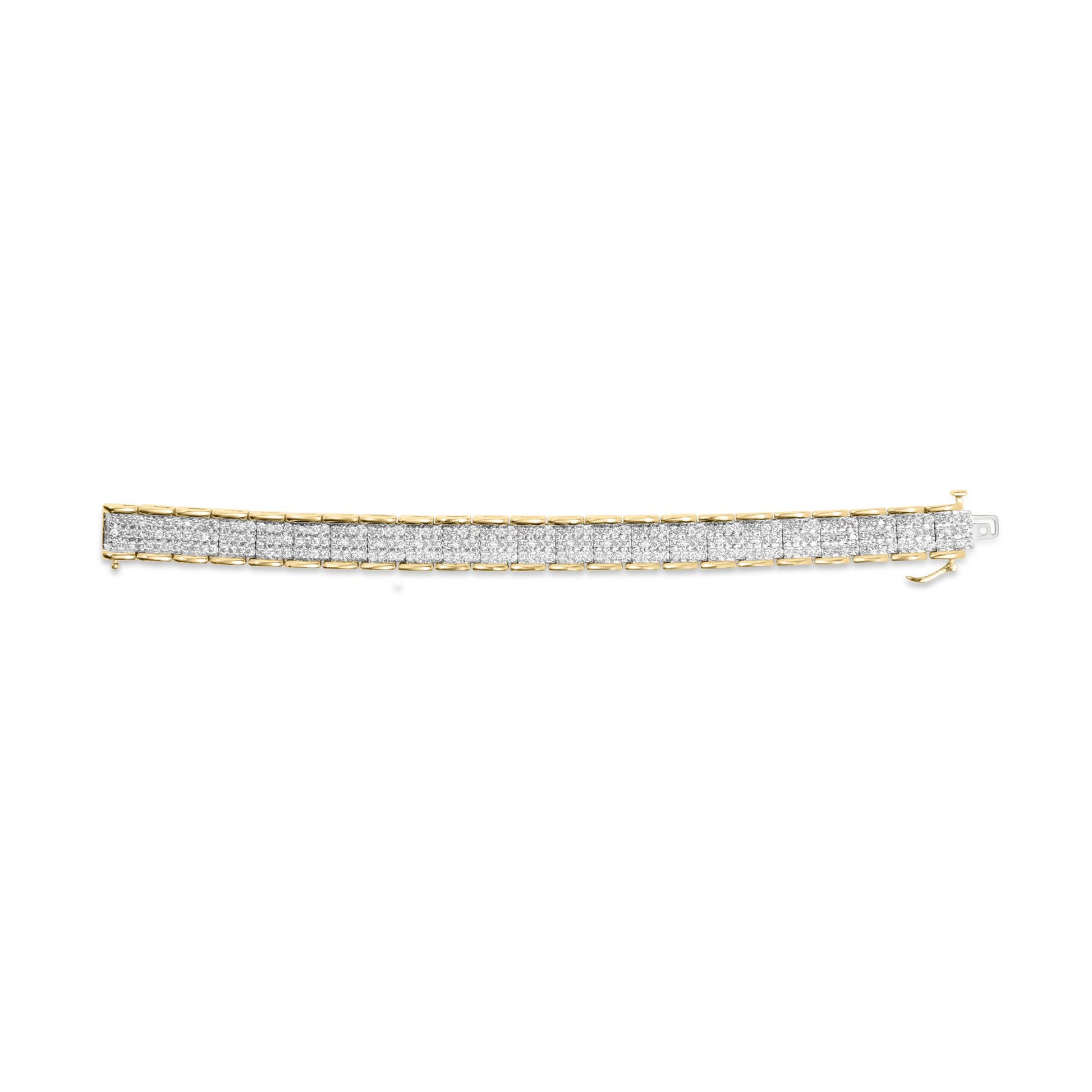 Top-down view of a yellow metal bracelet with multiple rows of round white gemstones in prong settings.