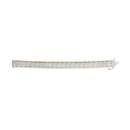 Top-down view of a yellow metal bracelet with multiple rows of round white gemstones in prong settings.