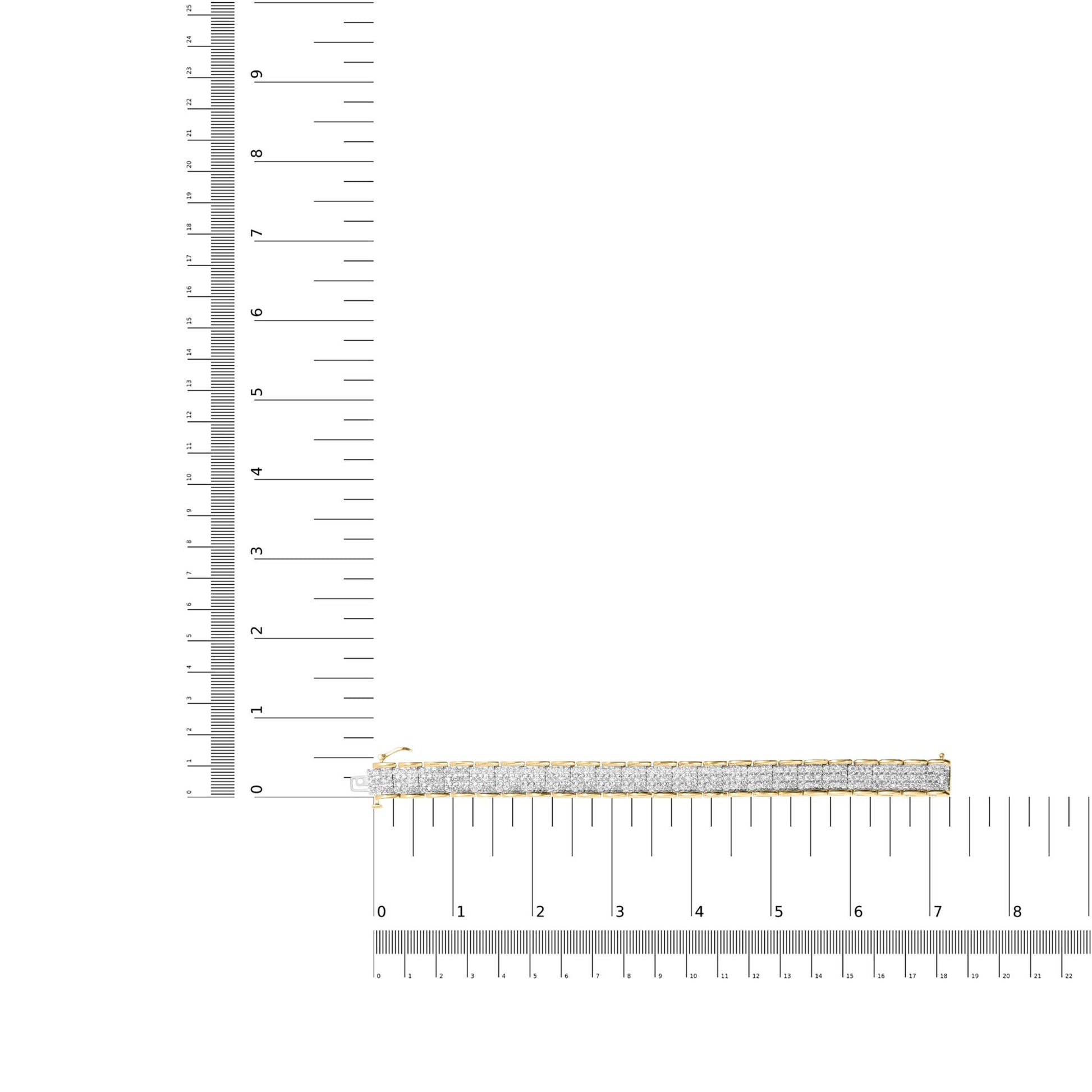 Yellow metal bracelet with rows of white round gemstones in prong settings, shown flat on a ruler for size reference, top-down angle.