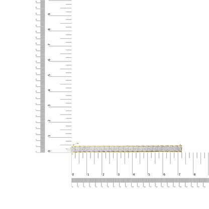 Yellow metal bracelet with rows of white round gemstones in prong settings, shown flat on a ruler for size reference, top-down angle.