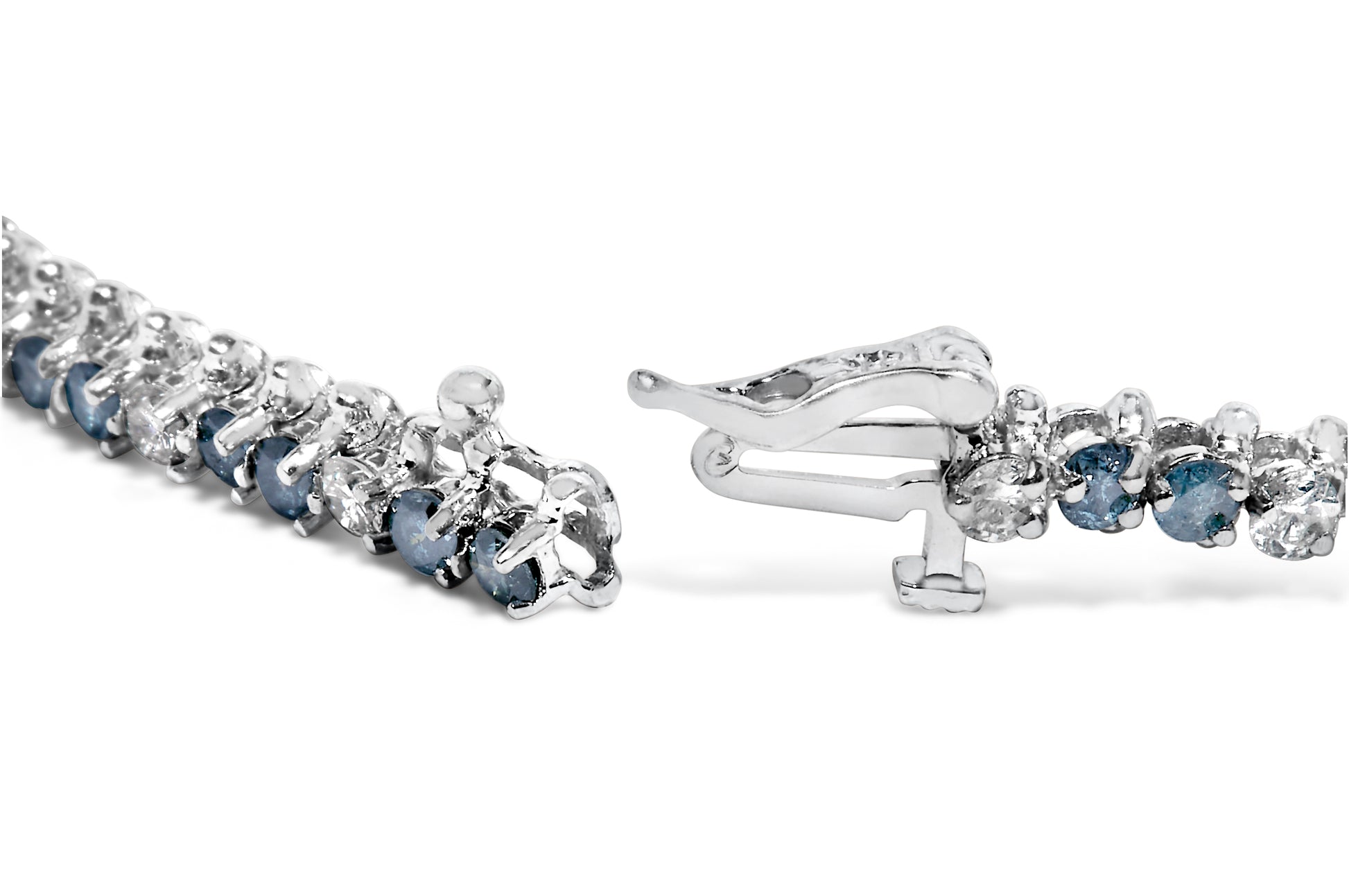 Close-up front angle of a white metal bracelet with alternating round white and blue gemstones in three-prong settings, showing the clasp open on a white background.