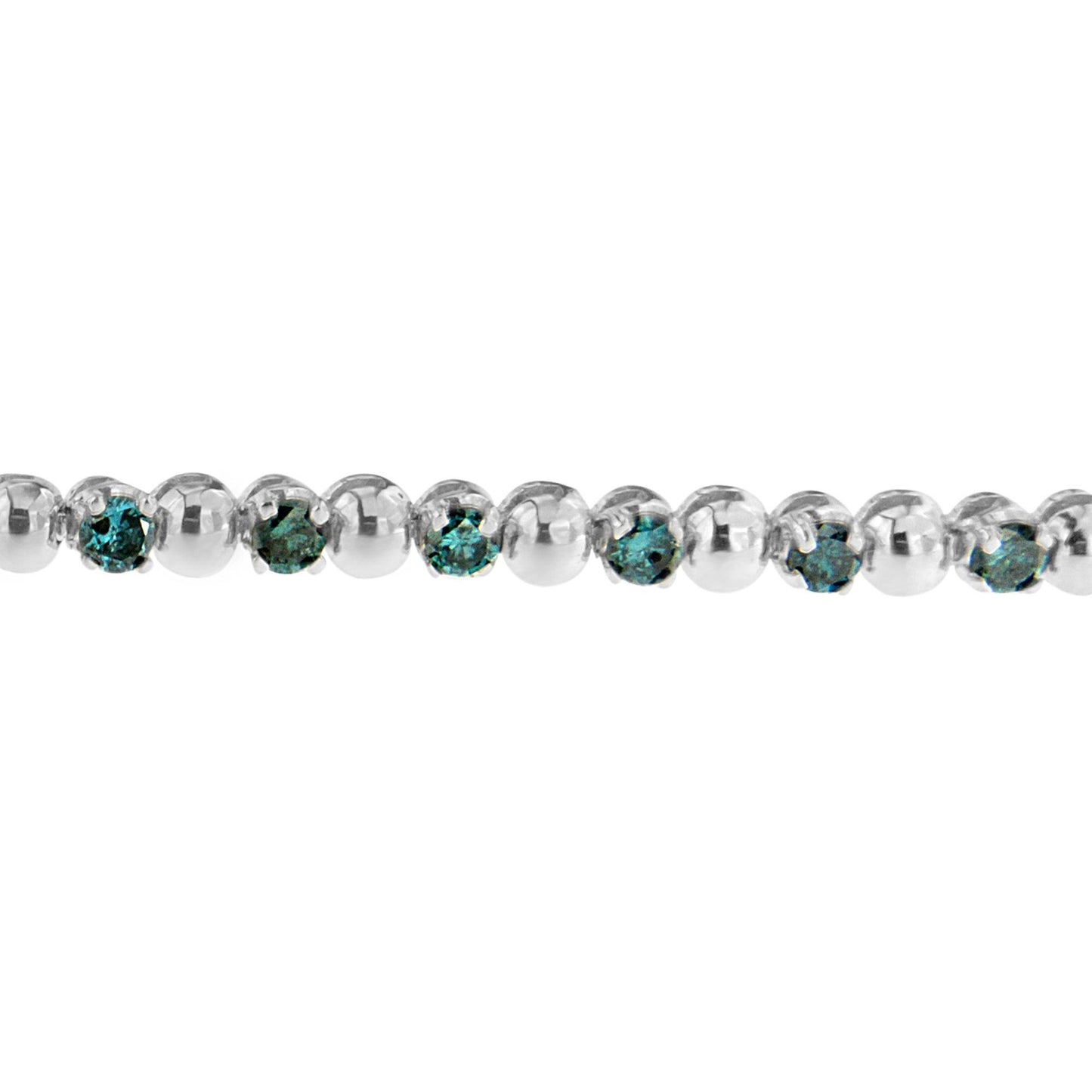 Close-up front view of a white bracelet featuring round blue gemstones in prong settings alternating with smooth round beads.