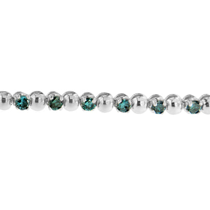 Close-up front view of a white bracelet featuring round blue gemstones in prong settings alternating with smooth round beads.