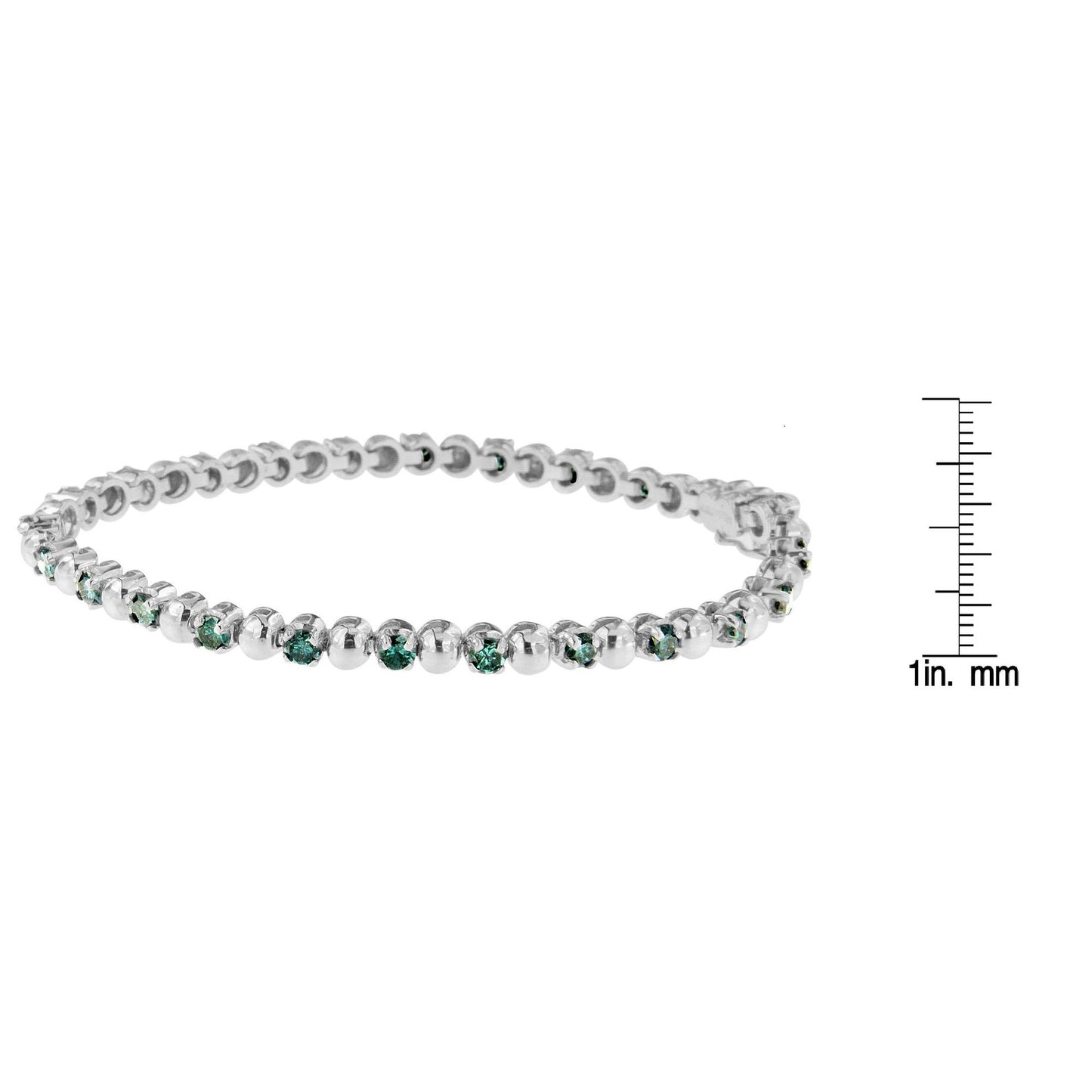 White metal bracelet with round blue gemstones in prong settings, shown in a side angle view on a white background with a ruler for size reference.