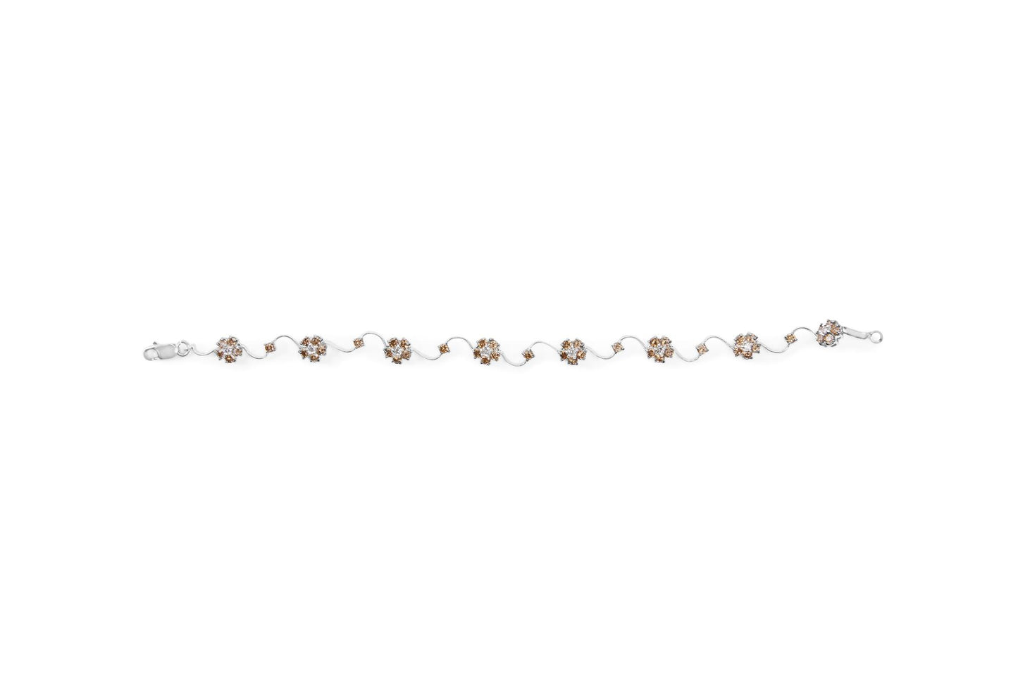 White metal bracelet with alternating clusters of white and champagne round gemstones in prong settings, photographed flat from the front.