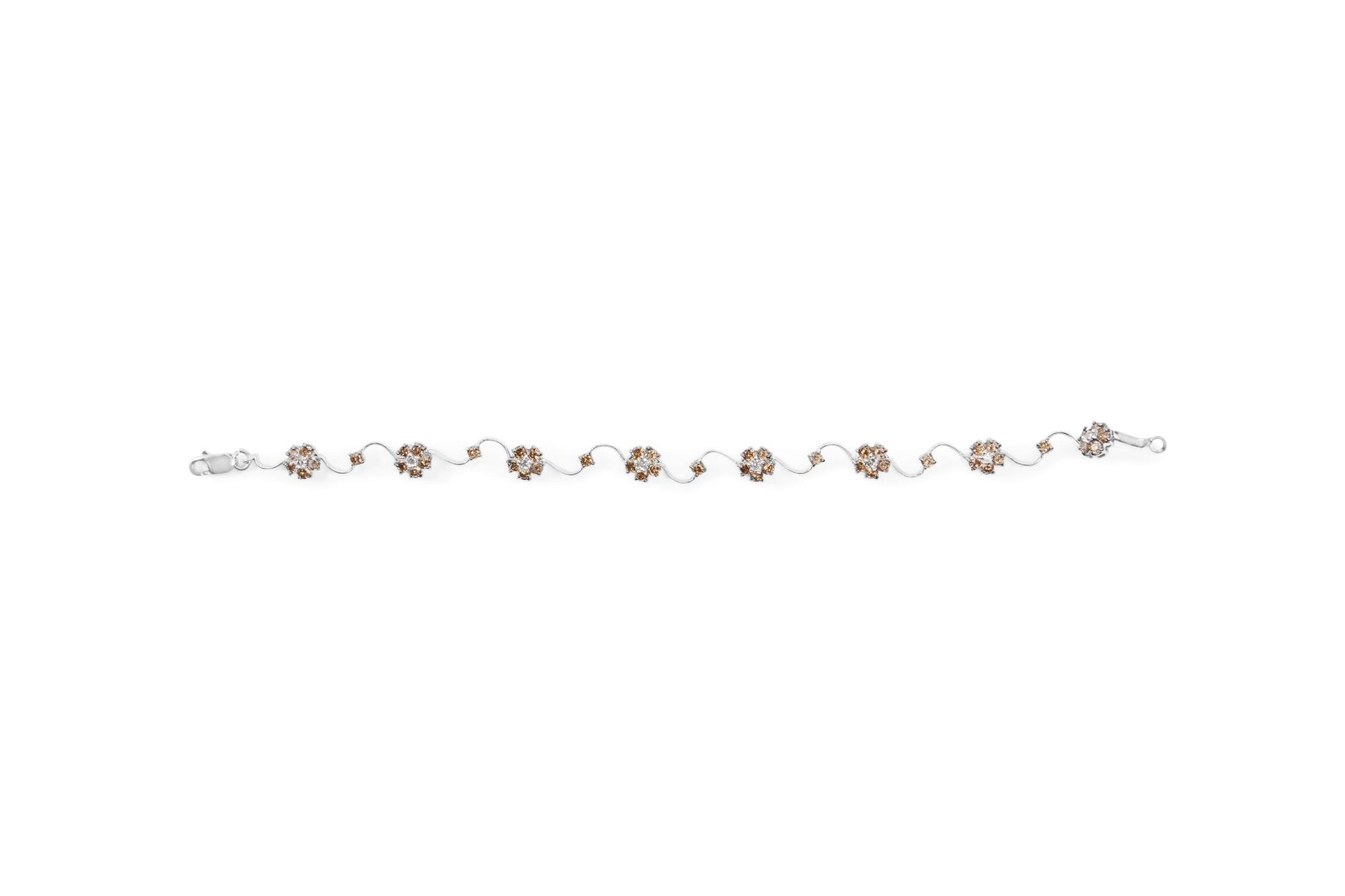 White metal bracelet with alternating clusters of white and champagne round gemstones in prong settings, photographed flat from the front.