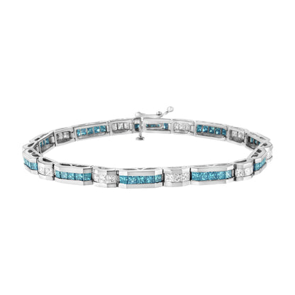 White metal bracelet with alternating channel-set blue and white princess-shaped gemstones, shown in a front-facing angle.