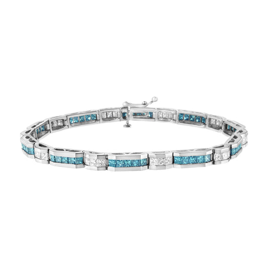 White metal bracelet with alternating channel-set blue and white princess-shaped gemstones, shown in a front-facing angle.