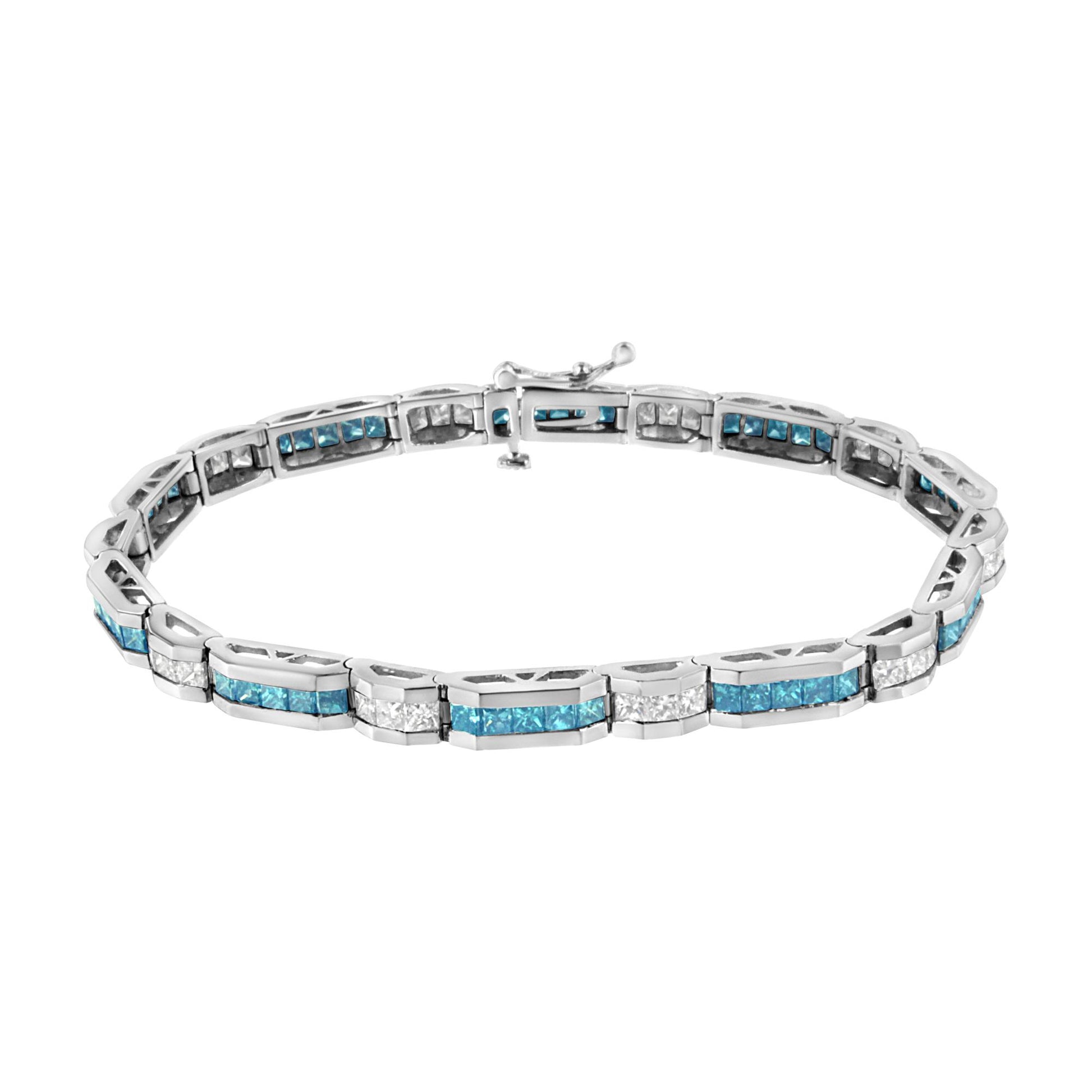White metal bracelet with alternating channel-set white and blue princess-shaped gemstones, shown in a front-facing angle.