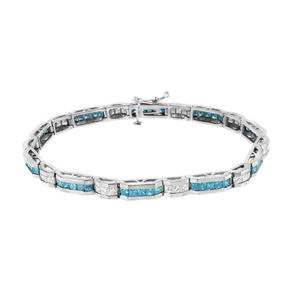 White metal bracelet with alternating channel-set white and blue princess-shaped gemstones, shown in a front-facing angle.
