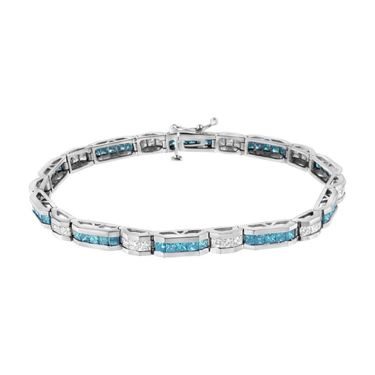 White metal bracelet with alternating channel-set white and blue princess-shaped gemstones, shown in a front-facing angle.