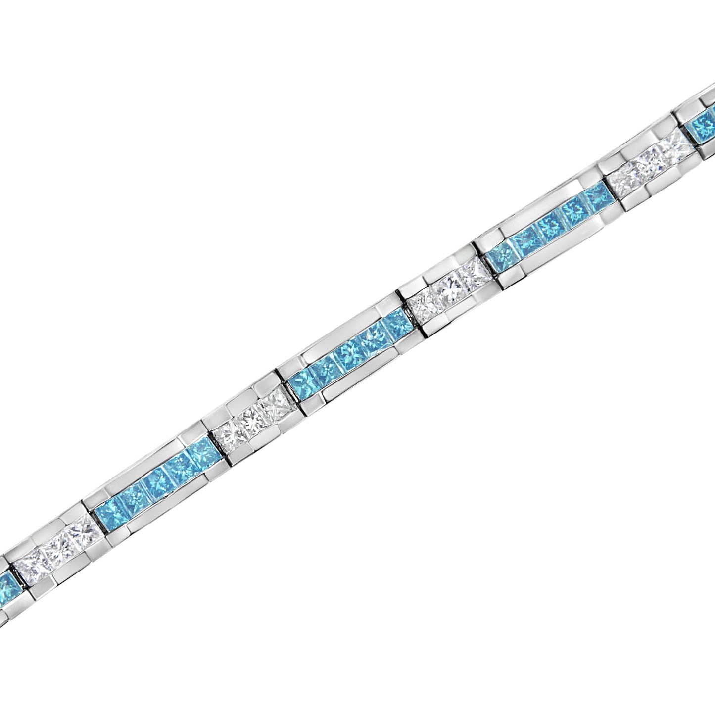 Close-up angled view of a white metal bracelet featuring alternating channel-set princess-shaped white and blue gemstones.